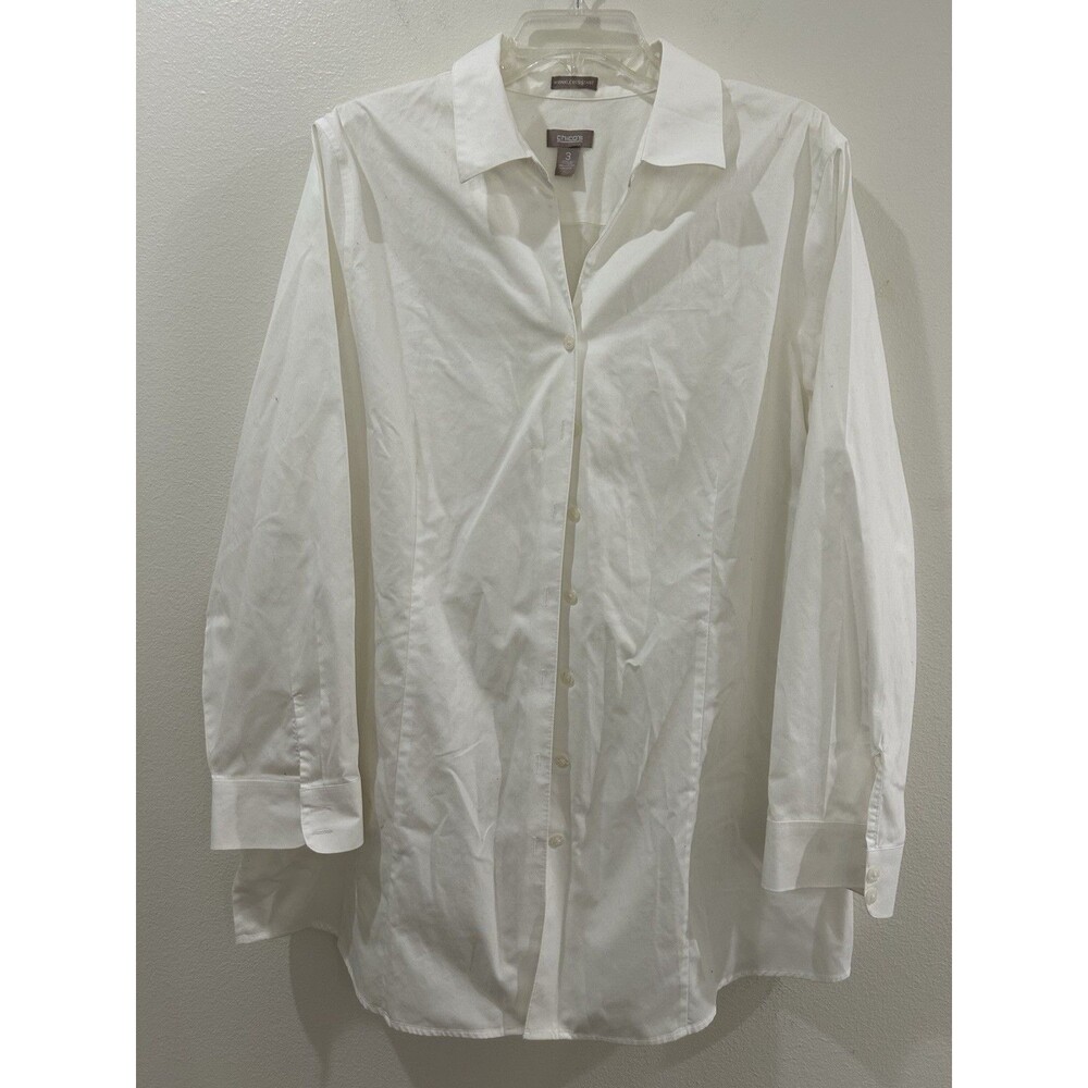 Chicos Size 3 Womens XL White No Iron Blouse Hidden Buttons Collared Long Sleeve